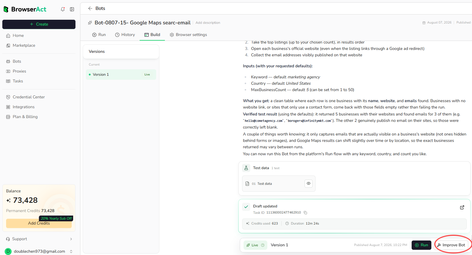 Open Build and select Improve Bot