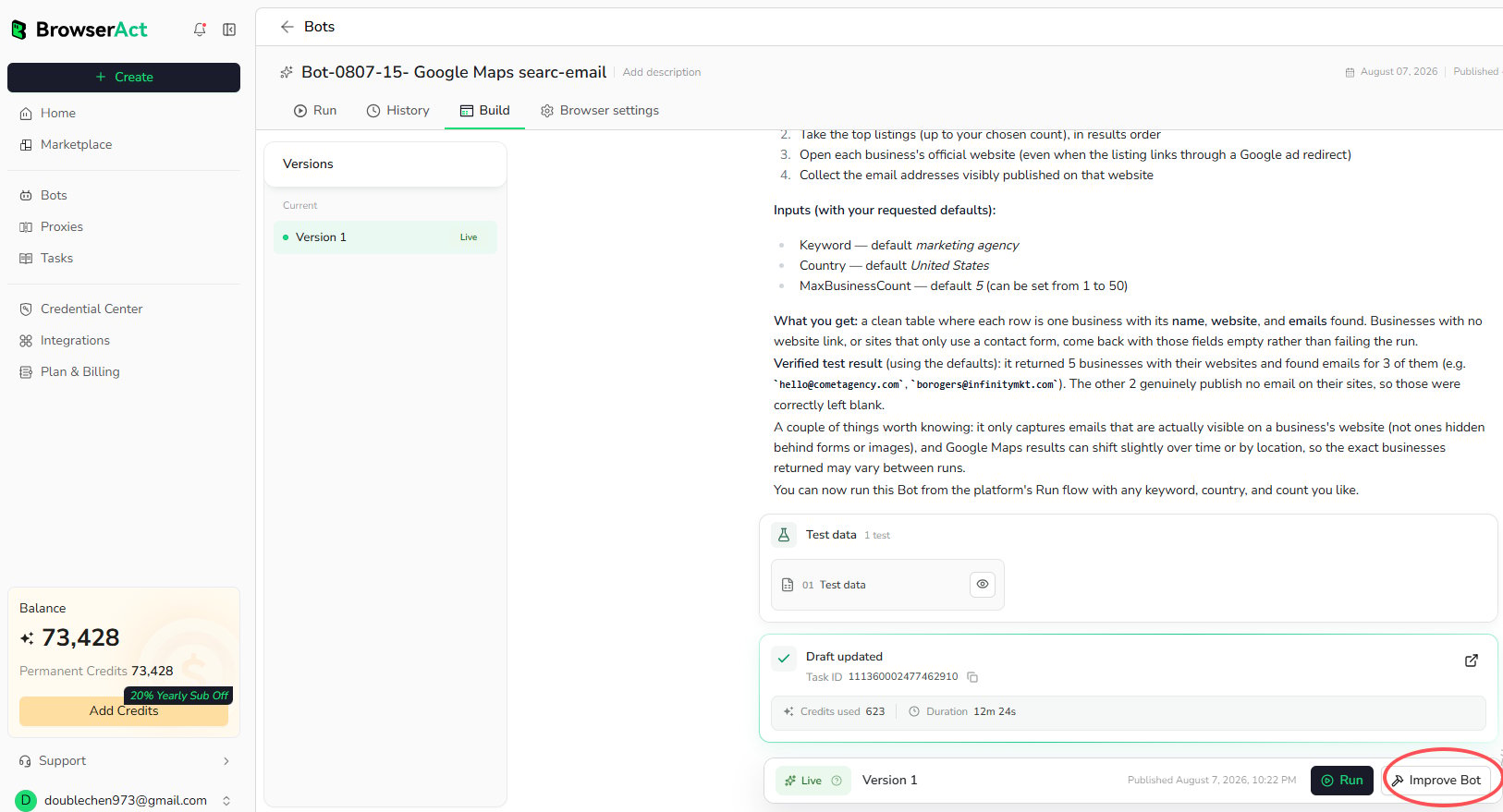 Open Build and select Improve Bot