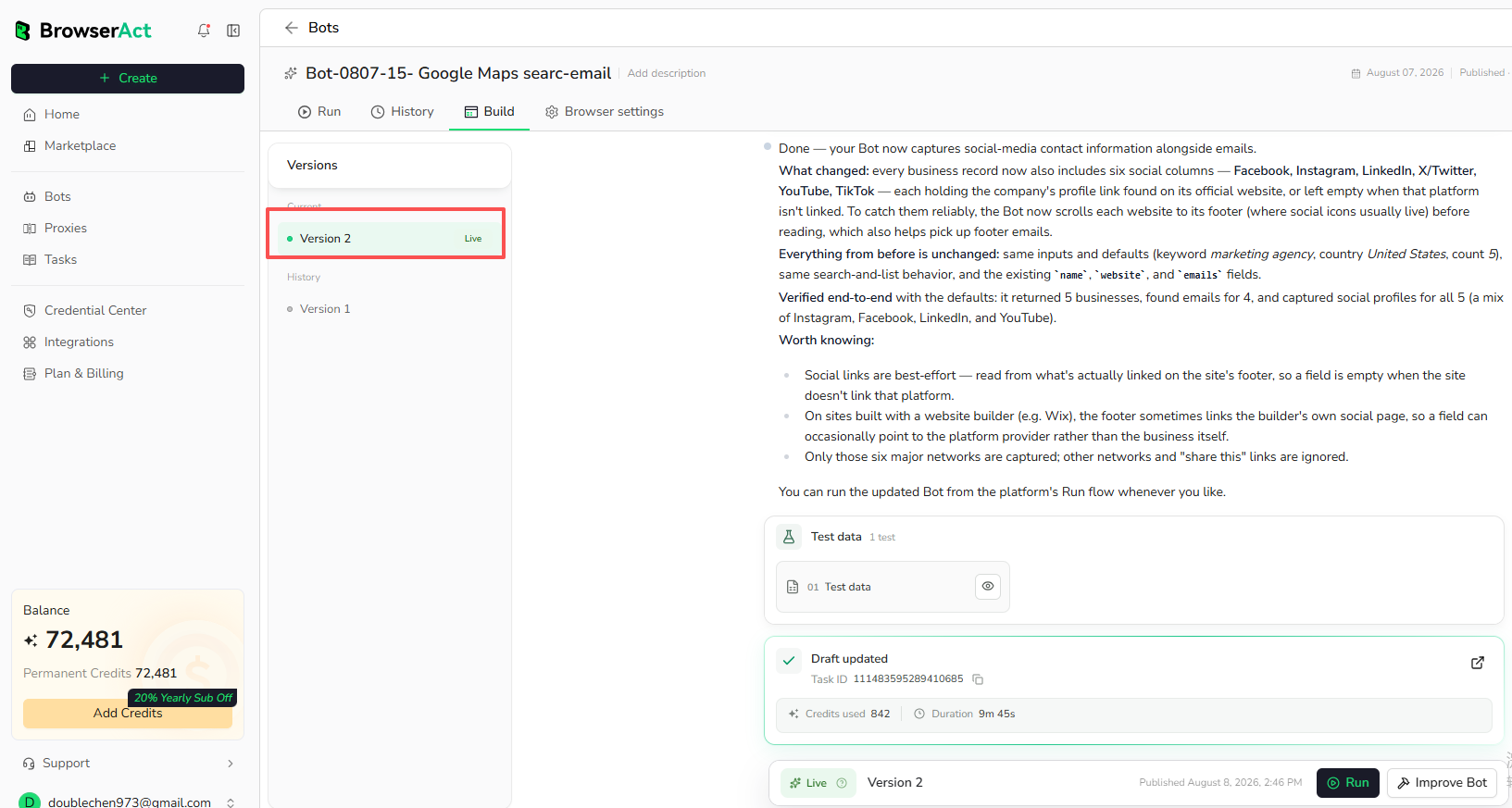 Review the new Live version and previous version history