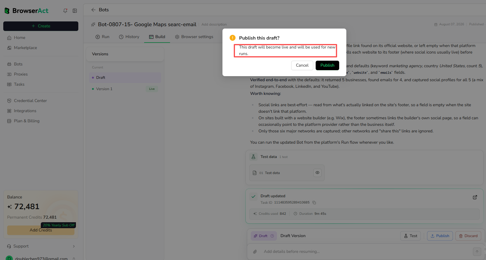 Confirm that the draft will be used for new runs