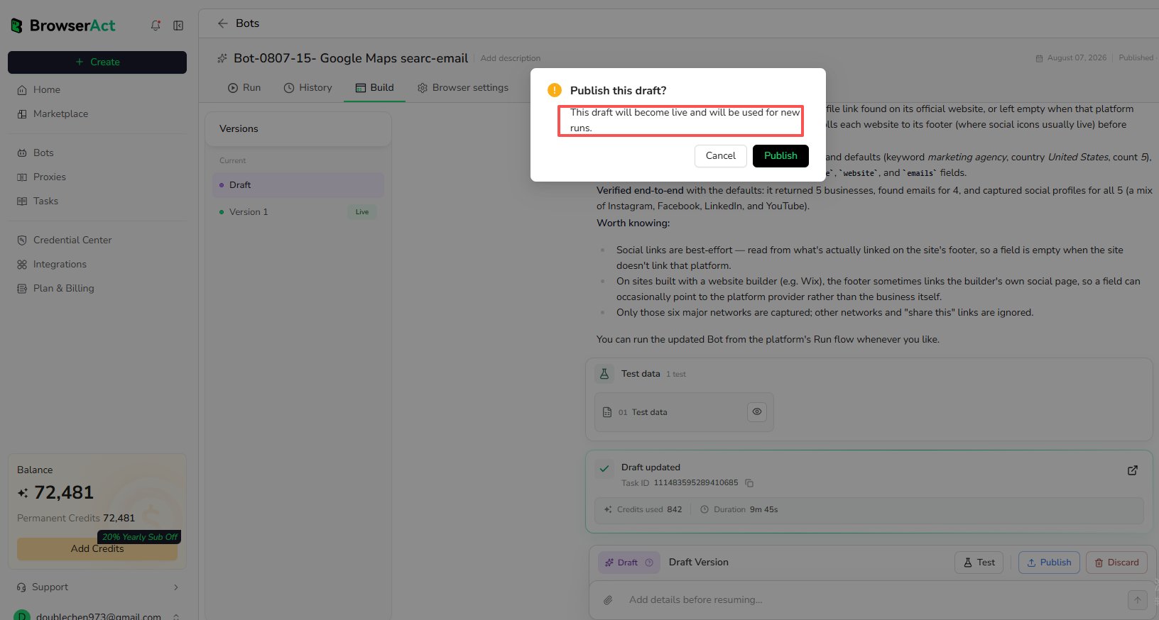 Confirm that the draft will be used for new runs