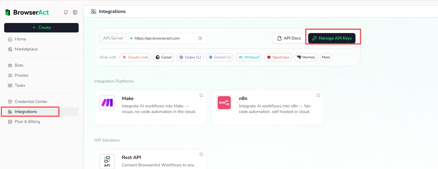 Open Manage API Keys from Integrations