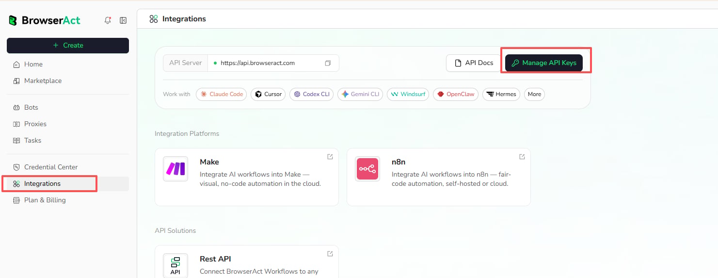 Open Manage API Keys from Integrations
