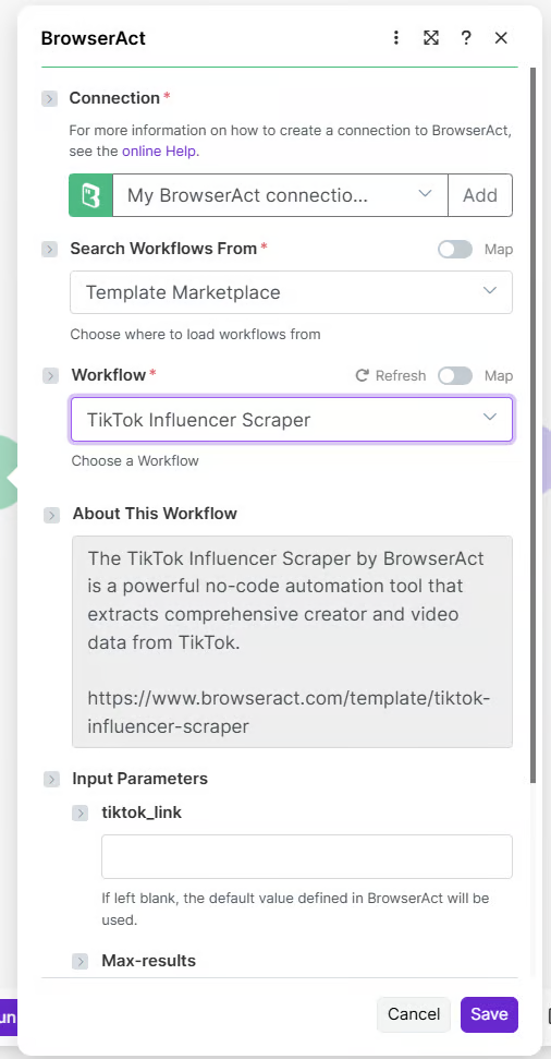 Configure the BrowserAct connection and Bot input parameters