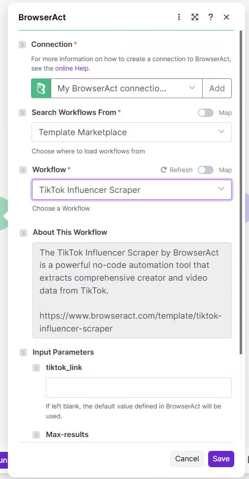 Configure the BrowserAct connection and Bot input parameters