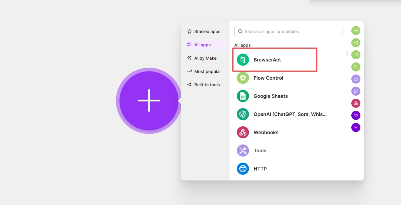 Select the BrowserAct app in Make