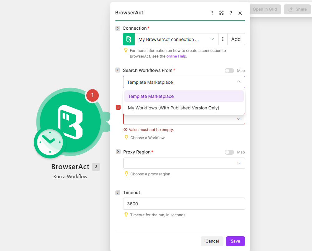 Choose where Make should search for BrowserAct Workflows