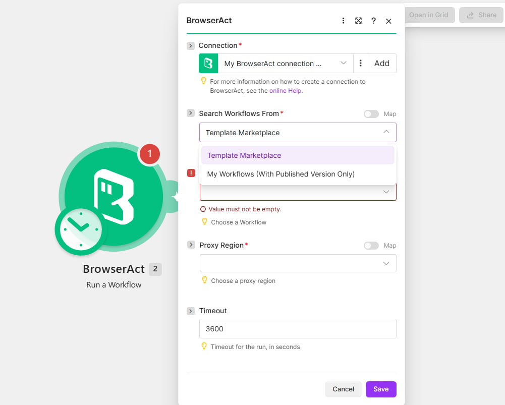 Choose where Make should search for BrowserAct Workflows