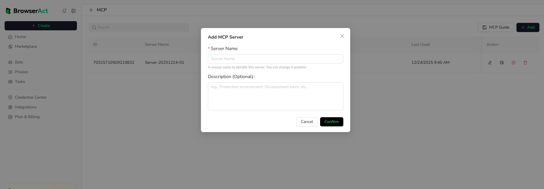 Enter the MCP Server name and description