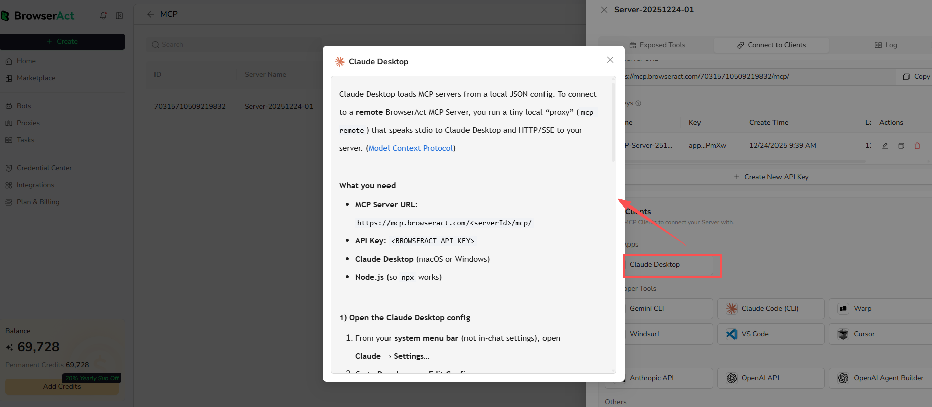 Open the setup guide for an MCP client