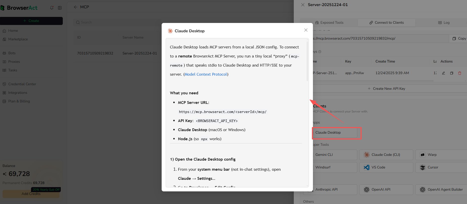 Open the setup guide for an MCP client