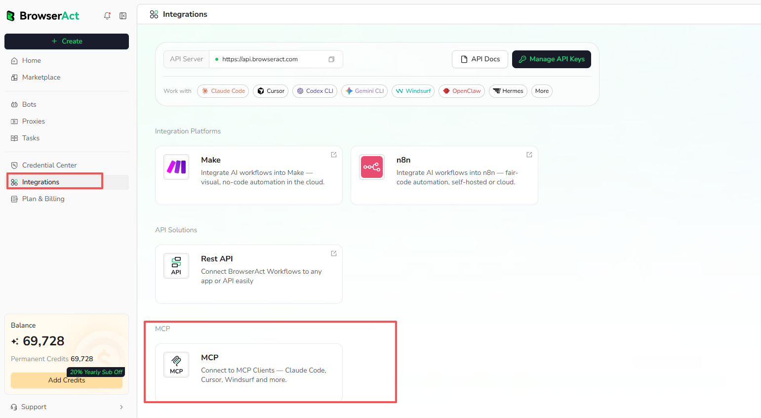 Open MCP from the BrowserAct Integrations page