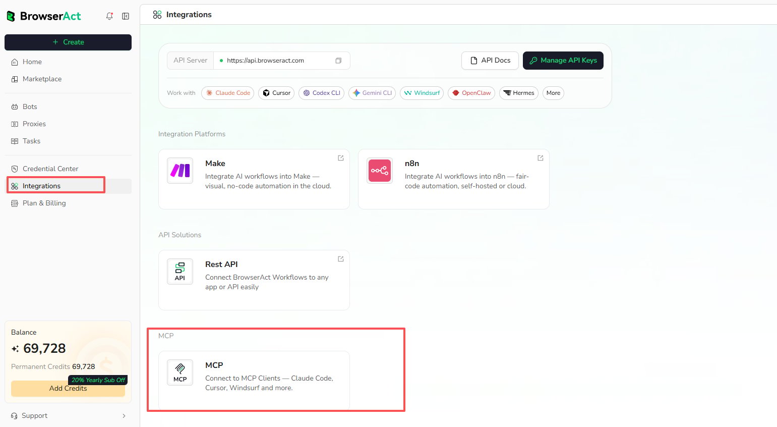Open MCP from the BrowserAct Integrations page