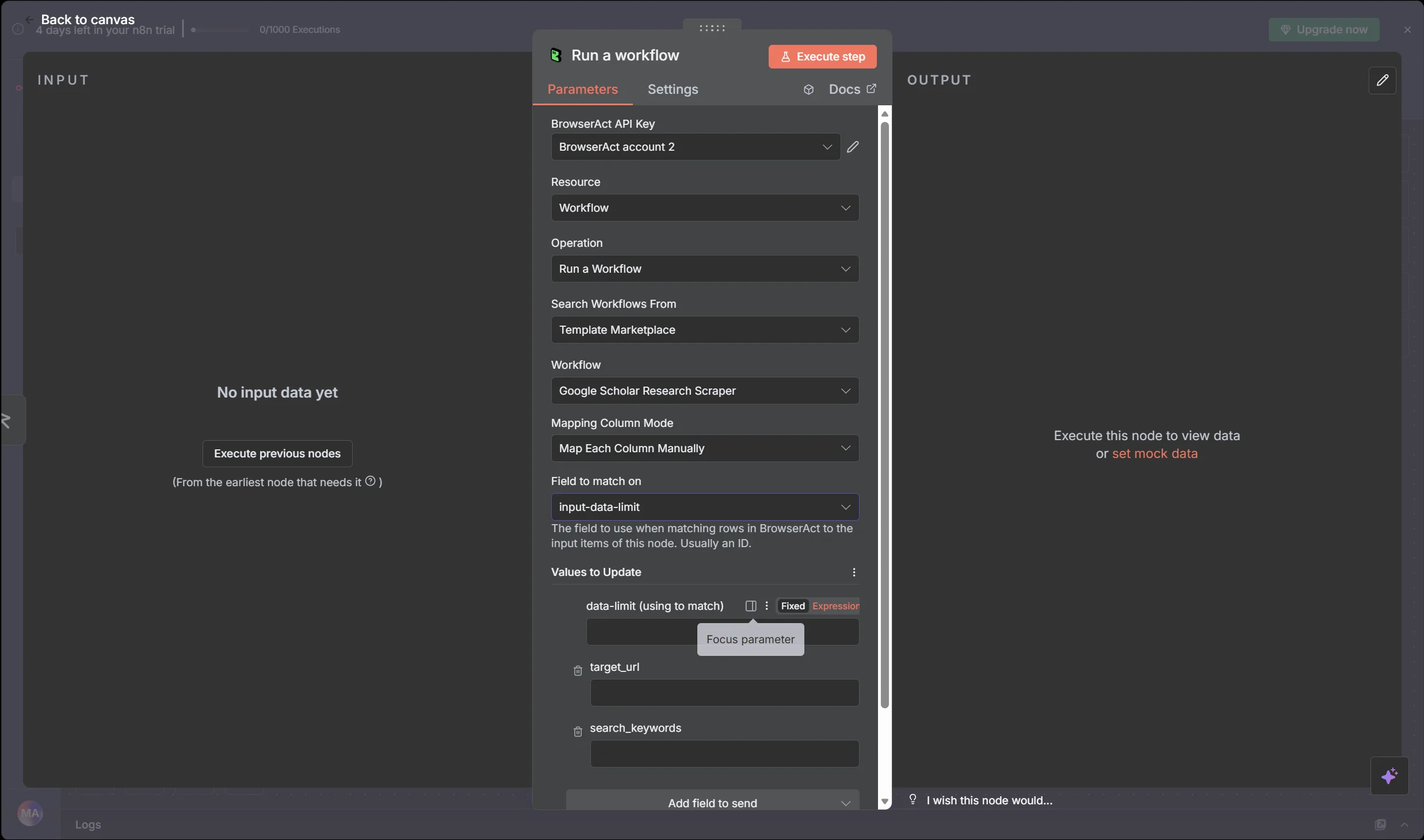 Configure the BrowserAct Run a Workflow node in n8n