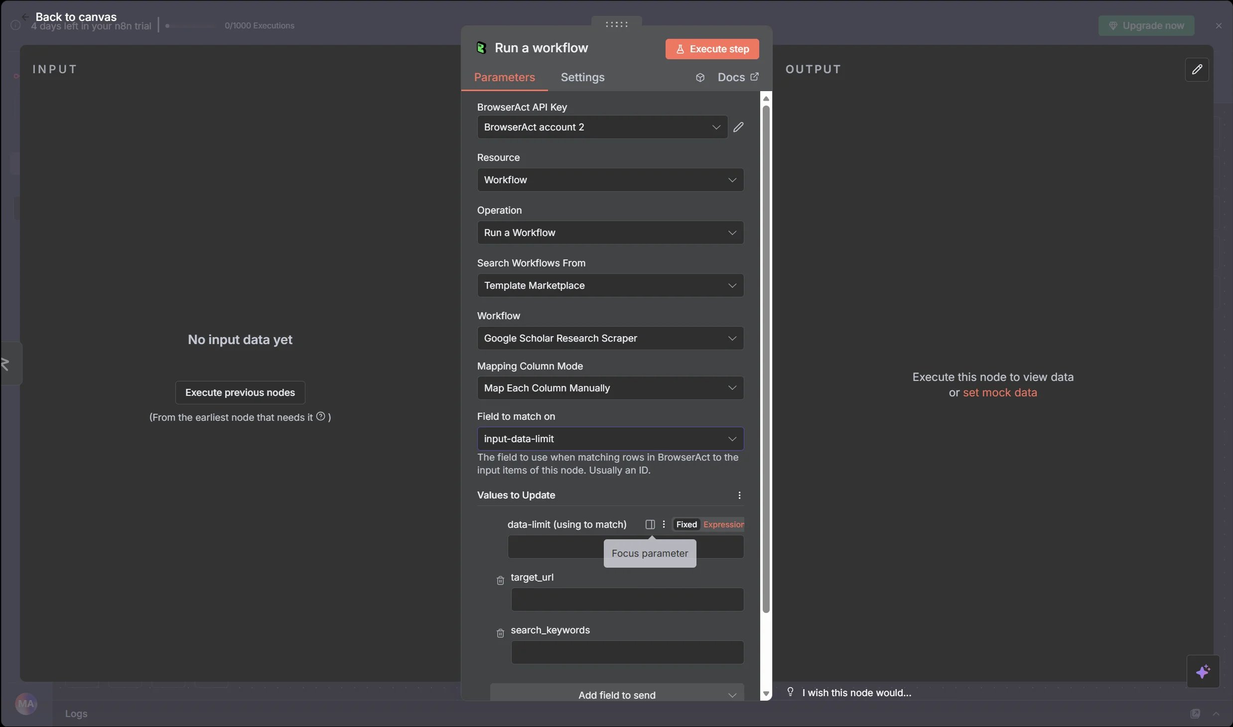 Configure the BrowserAct Run a Workflow node in n8n