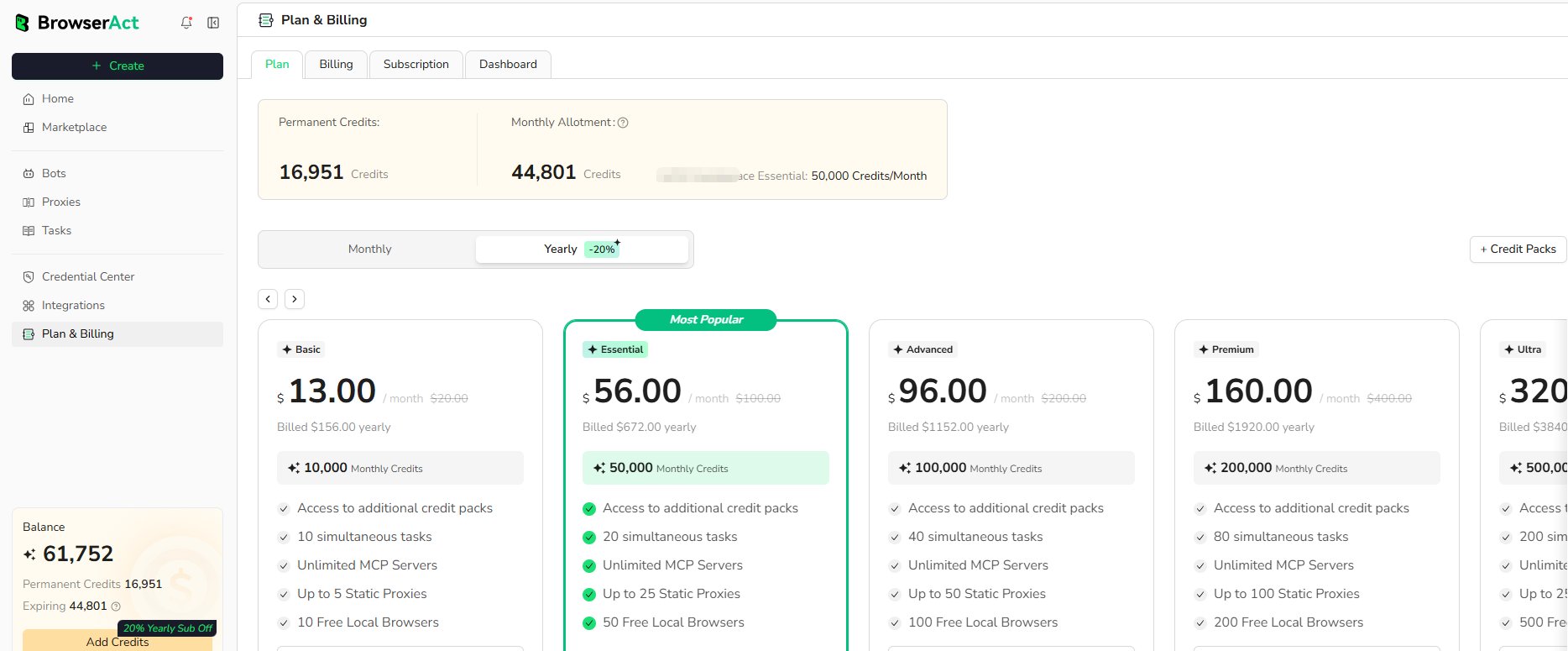 Compare BrowserAct plans and billing cycles