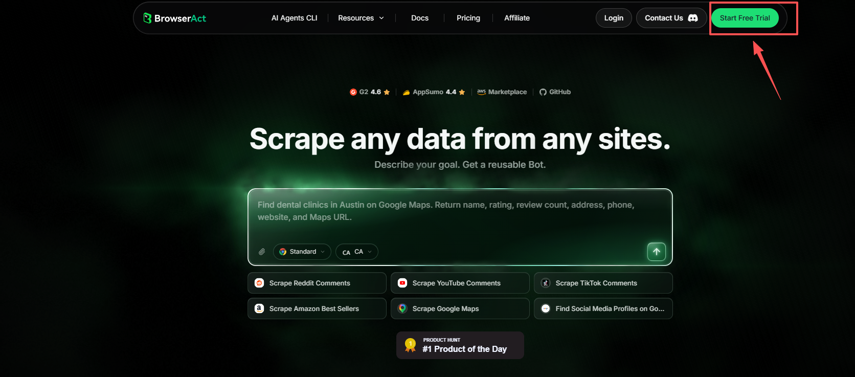Select Start Free Trial on the BrowserAct website