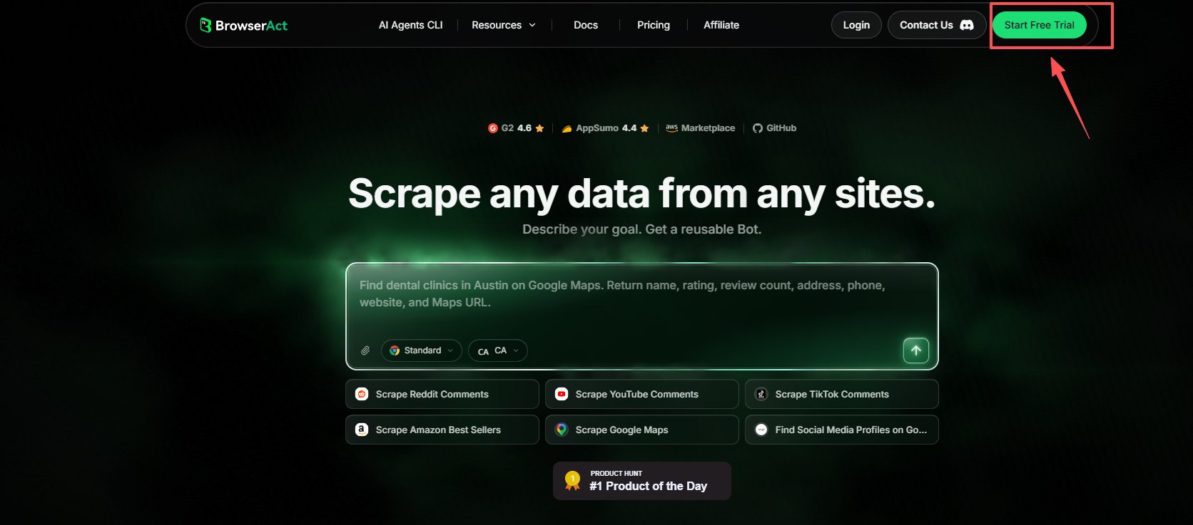 Select Start Free Trial on the BrowserAct website