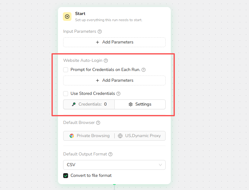 Choose a Website Auto-Login option in the Start node
