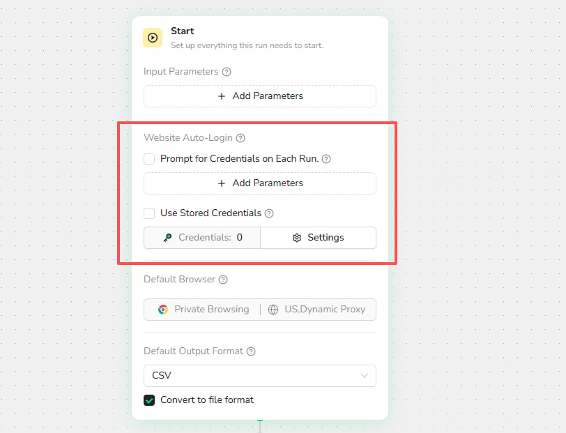 Choose a Website Auto-Login option in the Start node