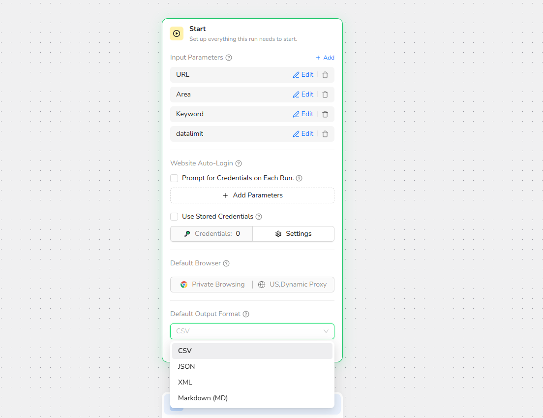 Configure input parameters, credentials, browser settings, and output format in the Start node