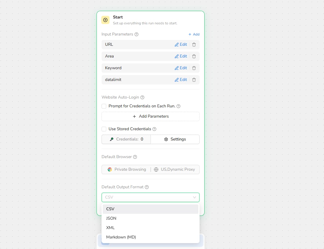 Configure input parameters, credentials, browser settings, and output format in the Start node