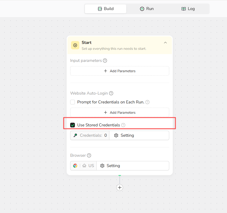 Enable Use Stored Credentials in the Start node