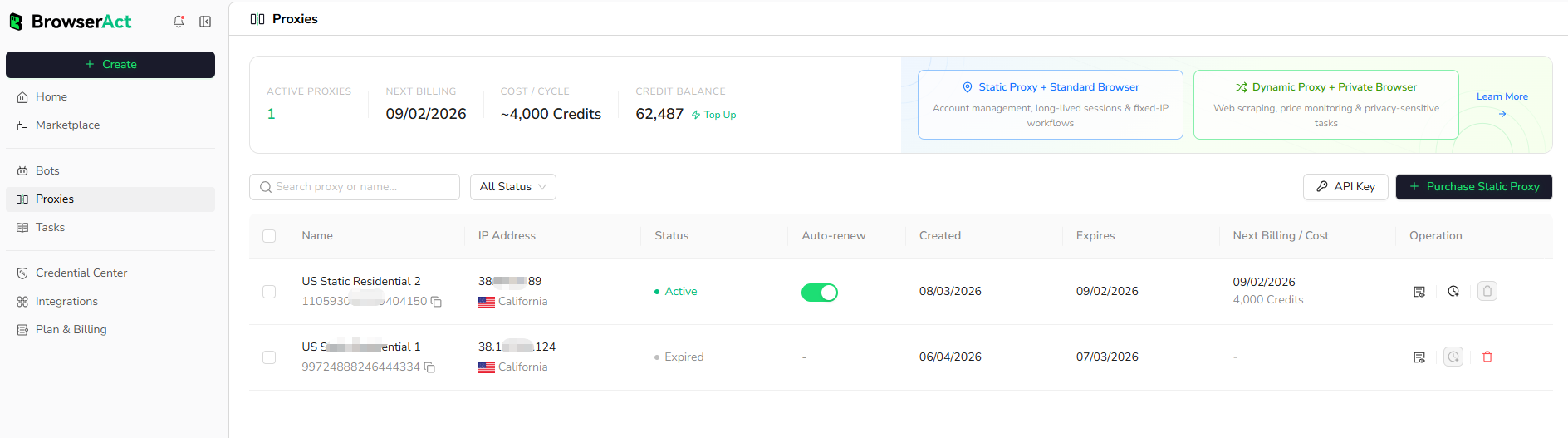 View and manage purchased Static Proxies