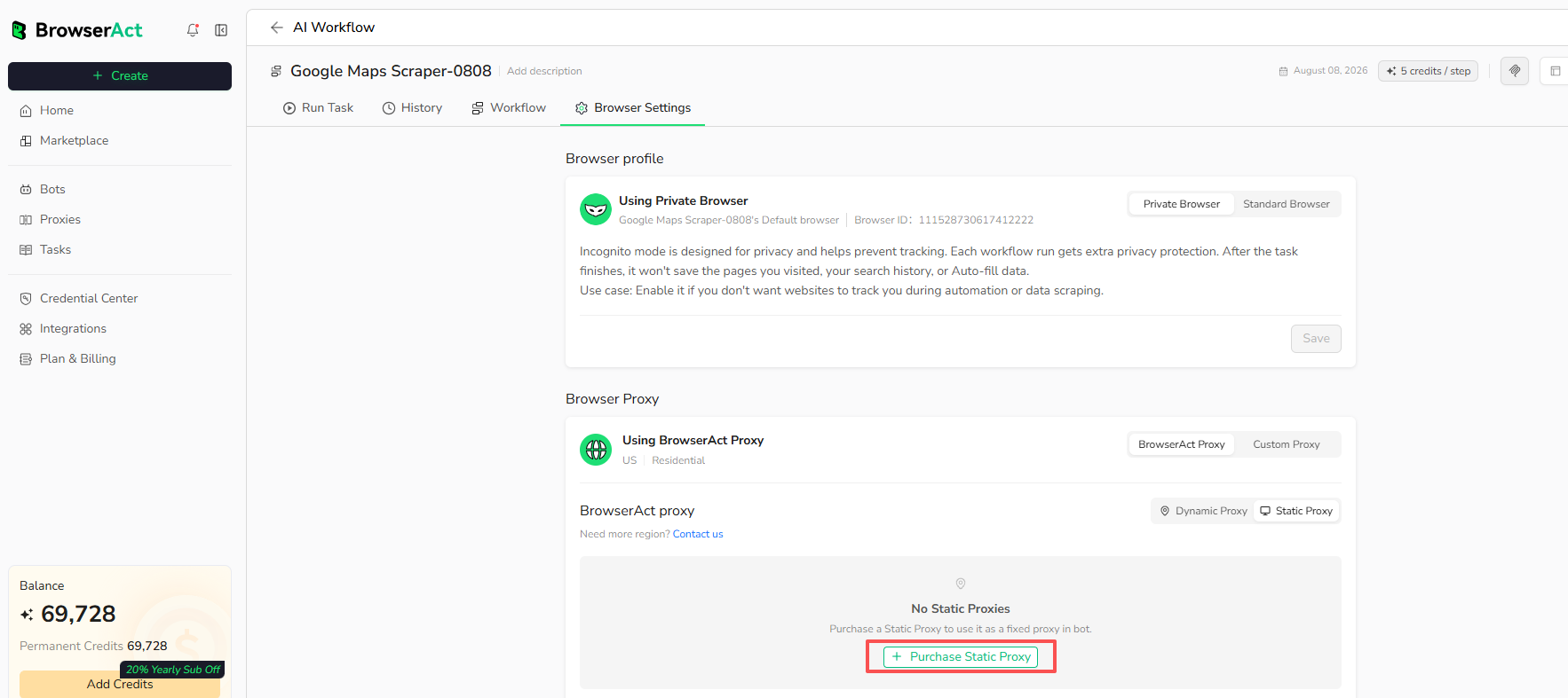 Purchase a Static Proxy from Bot Browser settings