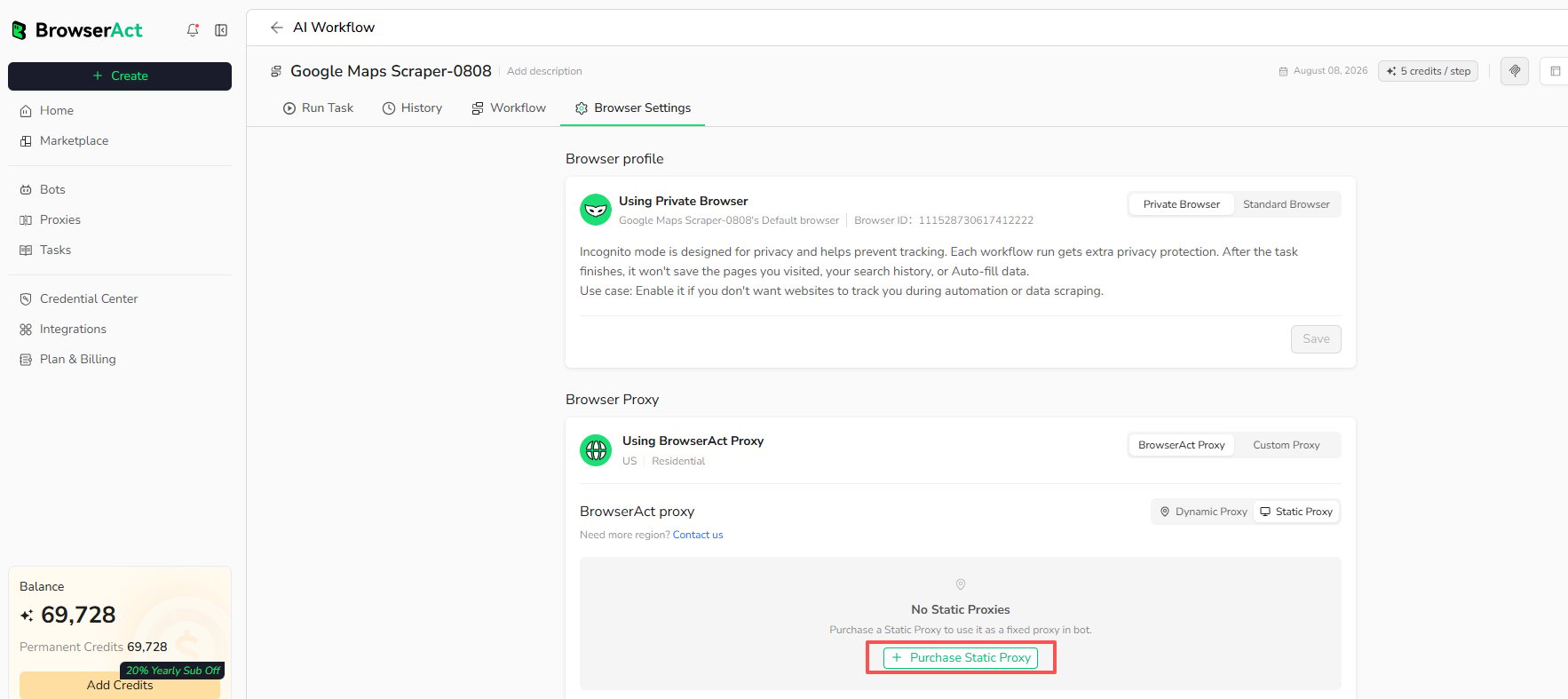 Purchase a Static Proxy from Bot Browser settings