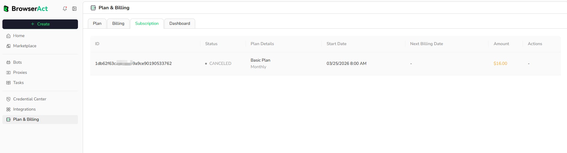 Open Plan & Billing and select Subscription