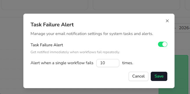 Enable Task Failure Alert and set the failure threshold