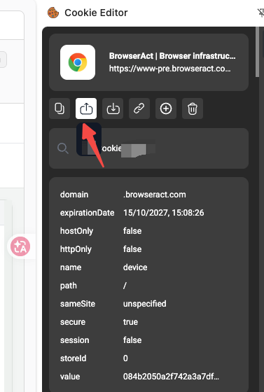 Open Cookie Editor on the target website and select Export