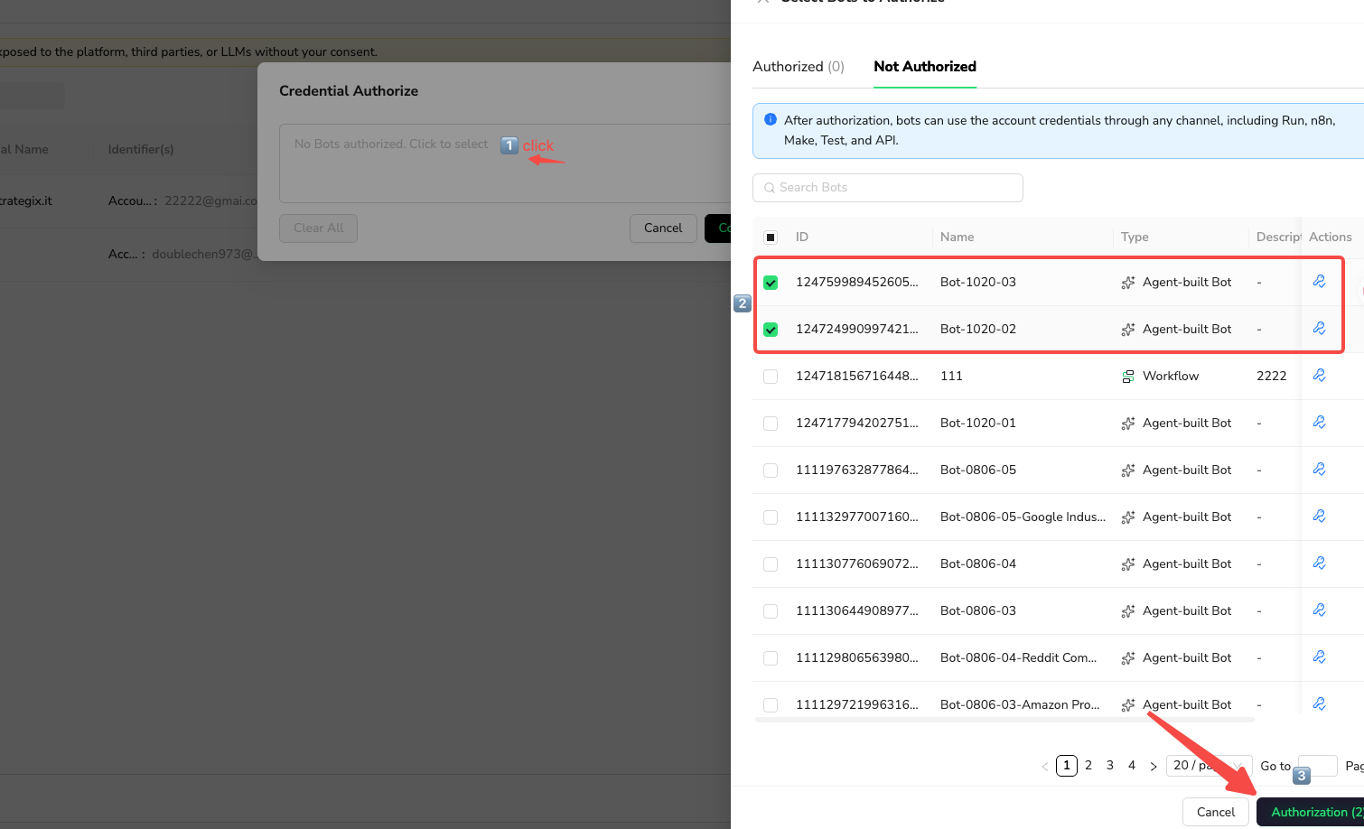 Select Bots in Not Authorized, then select Authorization