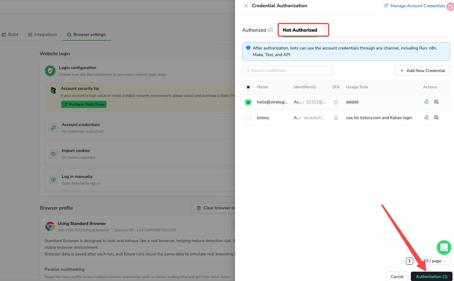 Select credentials in Not Authorized, then select Authorization for the current Bot
