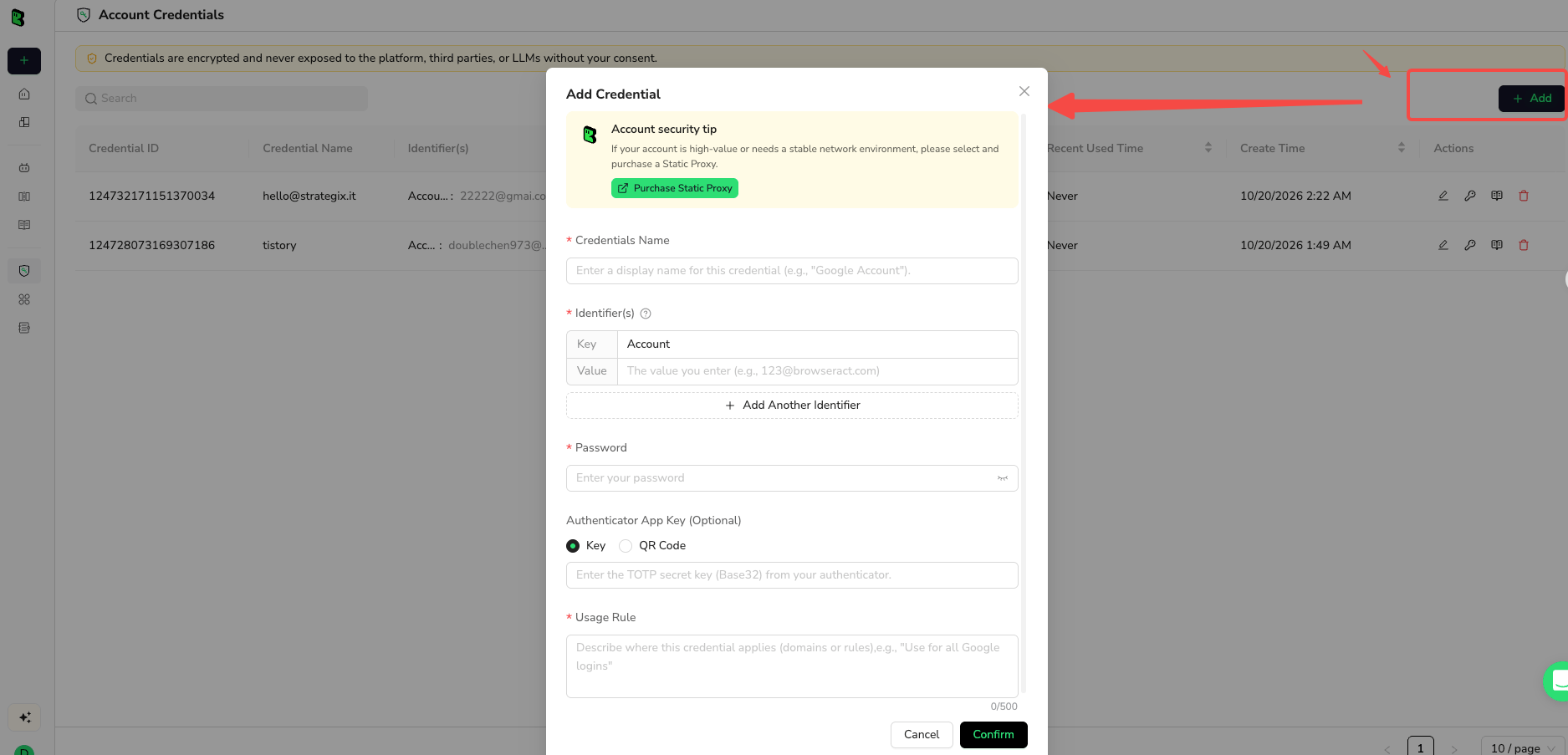 Select Add on the Account Credentials page to open the Add Credential form