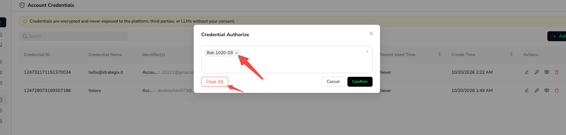Remove a Bot with the × next to its name, or select Clear All, then Confirm