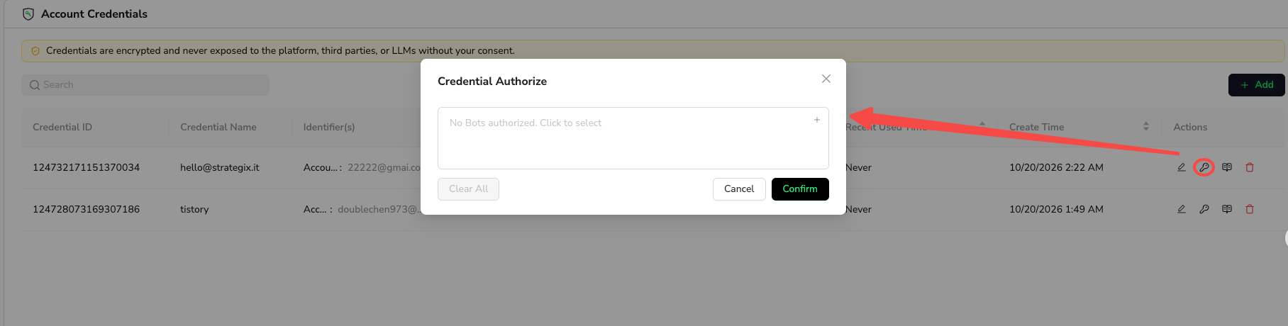 Select the credential's key icon to open Credential Authorize