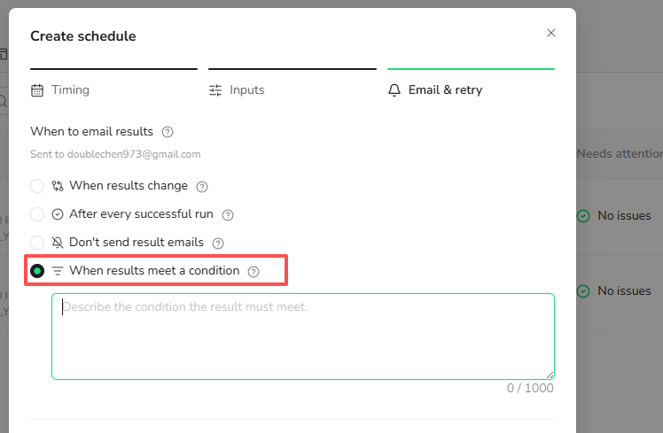 Describe a condition for result emails