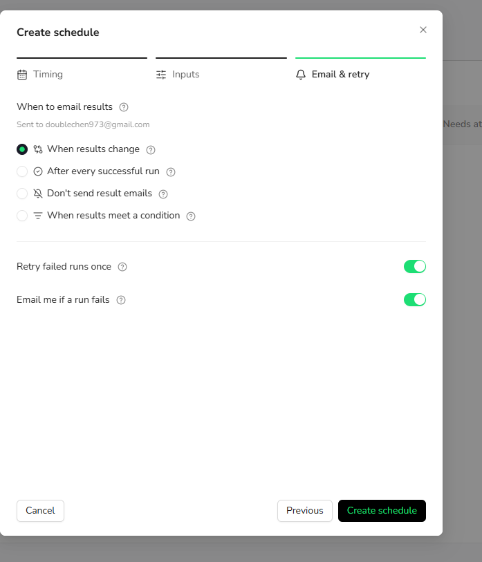 Configure result emails and retry settings