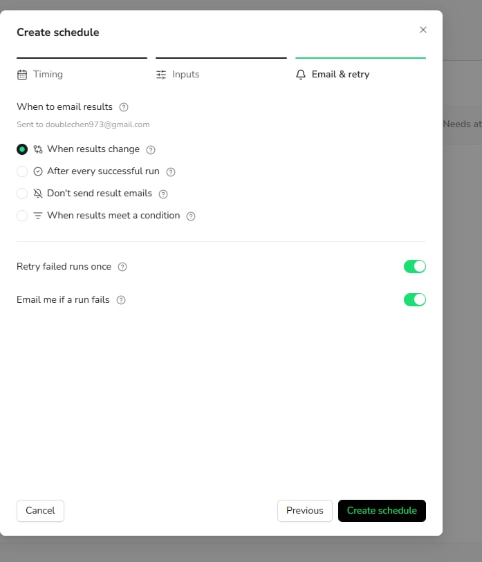 Configure result emails and retry settings