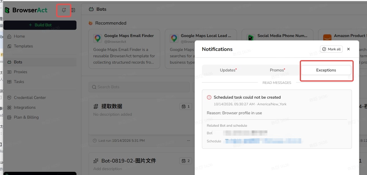Open exception notifications