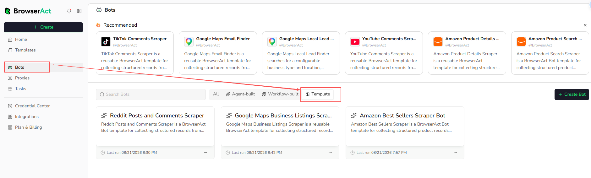 Find template Bots with the Template filter