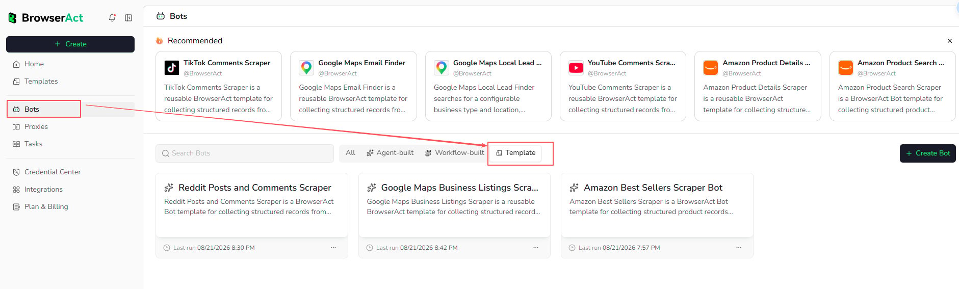 Find template Bots with the Template filter