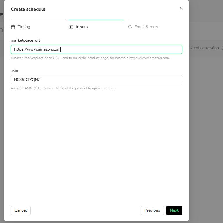 Configure schedule inputs