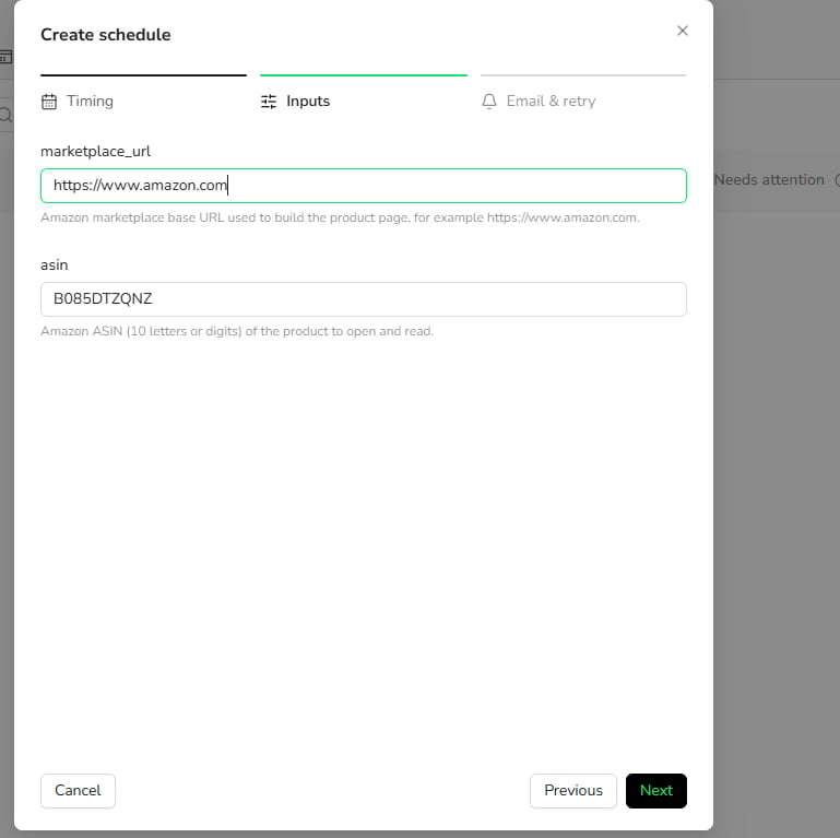 Configure schedule inputs