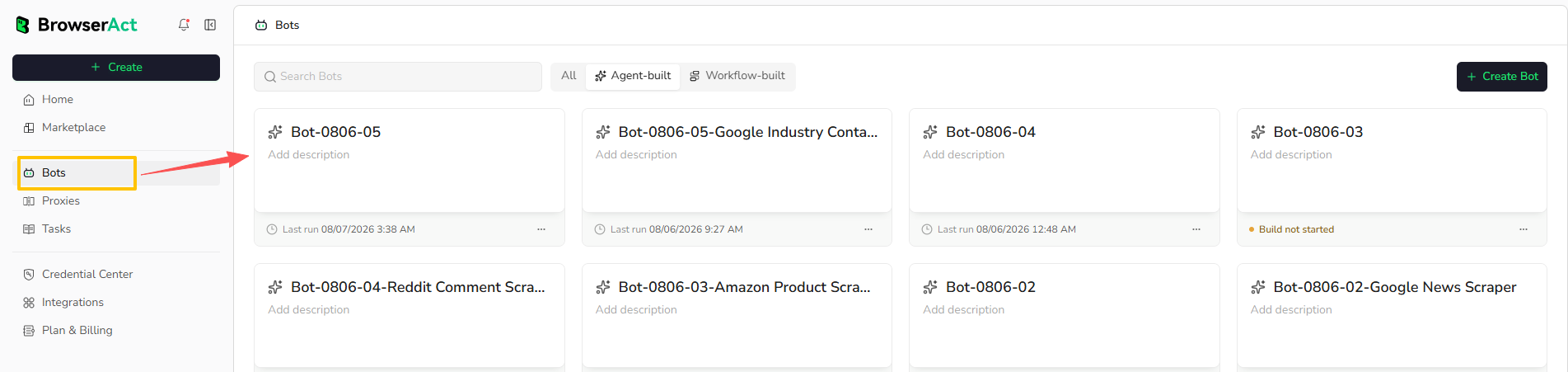 Select an Agent Built Bot from the Bots page