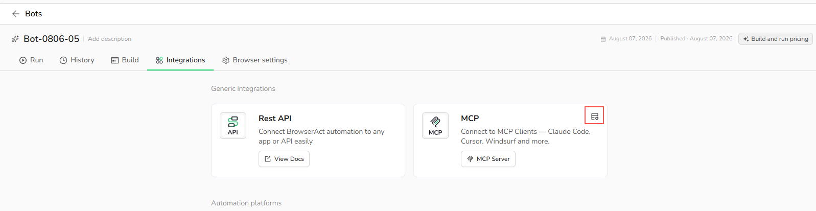 Open Agent Built MCP Tool settings