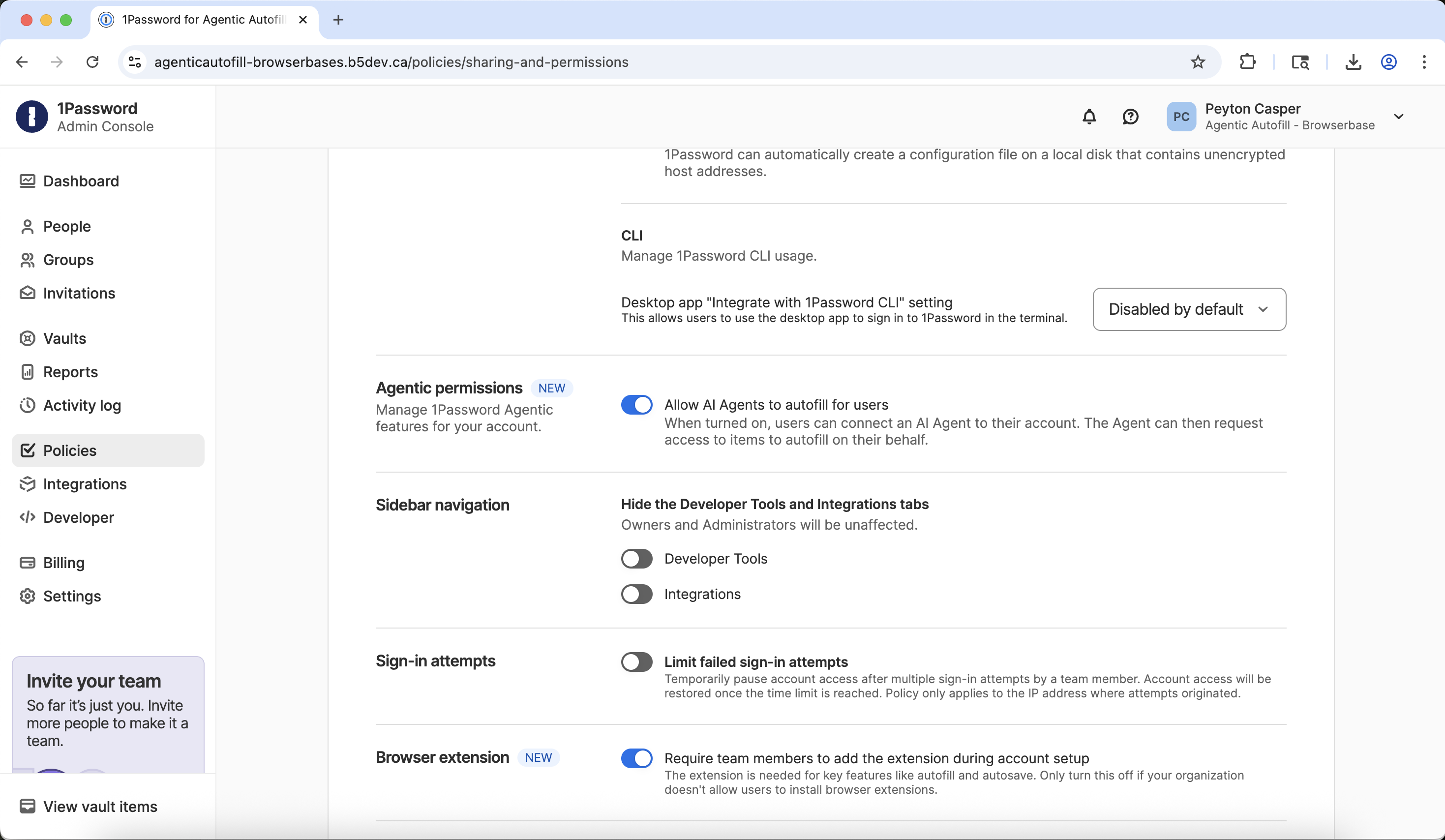 Enable Agentic permissions in 1Password policies