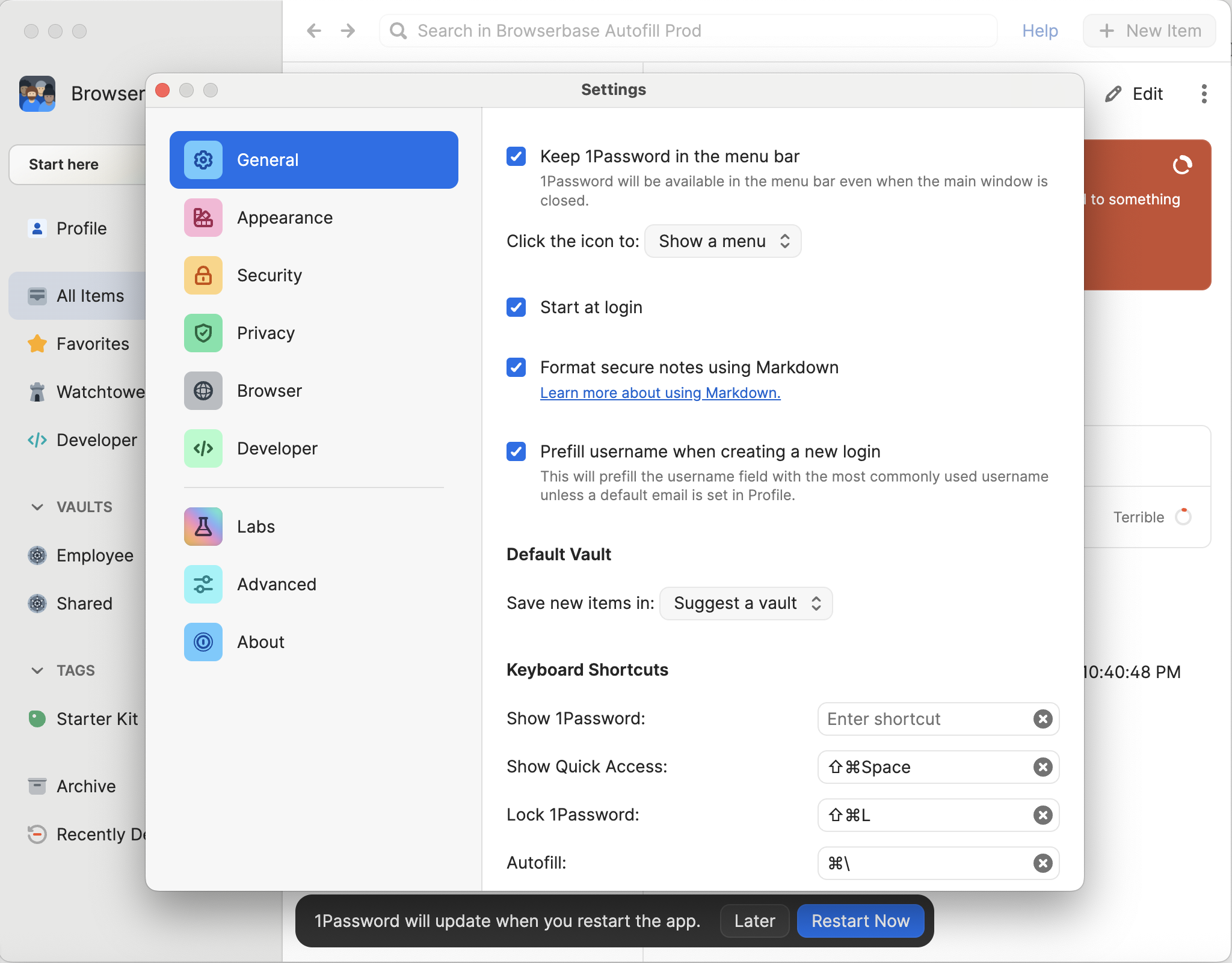 Check for updates in 1Password About section